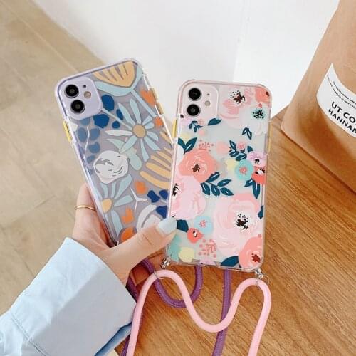 Flowers TPU Soft Cases For iPhone 12 Mini 11 Pro Max Xs 8 7 Plus SE2 X XR Protection Cover With Shoulder Strap Lanyard Neck Rope