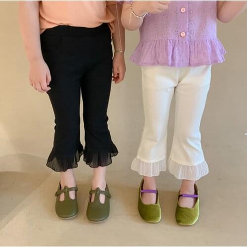 New 2021 Summer Baby Girls Calf-length Pants Chiffon Ruffles Korean Style Solid Color Kids Elastic Trousers