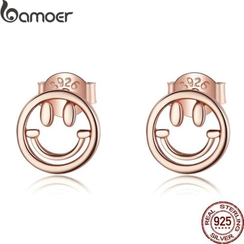 Bamoer Simple Smile Face Studs Earrings 925 Sterling Silver Rose Gold Color Lucky Earrings Exquisite Jewelry for Girl SCE1106
