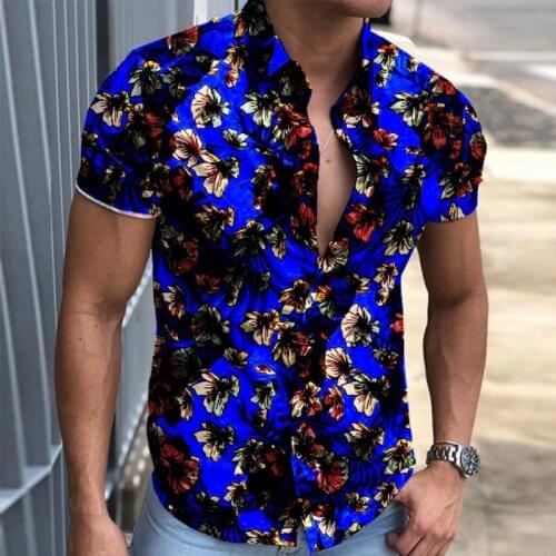 2021 Summer Short Sleeve Tops Mens Fashion Streetwear Vintage Floral Print Beach Shirts Casual Men Button Turn-down Collar Shirt