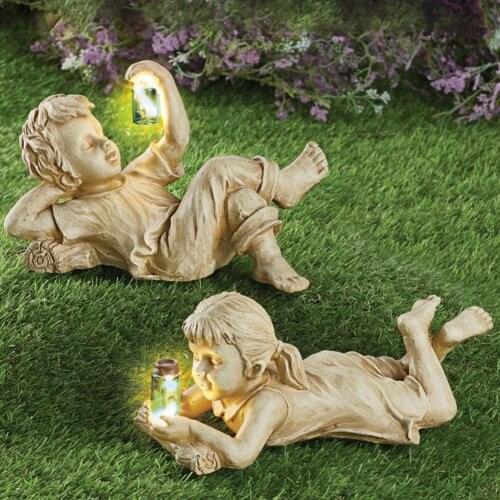 Garden Sculpture Solar Lighted Kid Design Resin Vintage Boy Girl Statue for Patio
