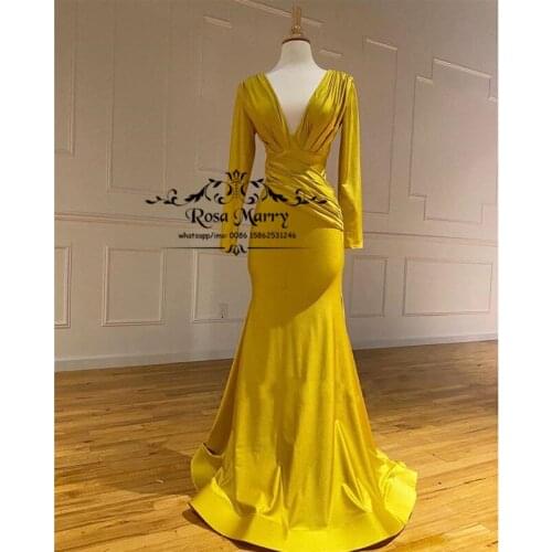 Sexy Deep V Neck Mermaid Evening Dresses 2020 Long Sleeves Cheap Simple Satin African Arabic Formal Dresses Evening Wear Gowns