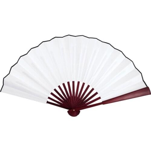 Men Women Wood Handle Fabric Folding Hand Fan 13-inch Length Whtie