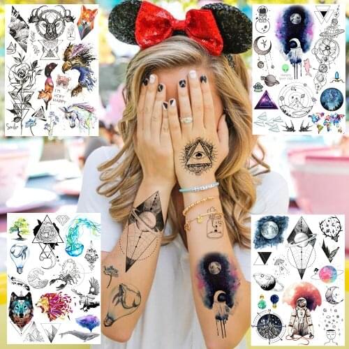 Lovely Cosmonaut Tattoos Realistic Fake Galaxy Flower Temporary Tattoo For Kids Fox Wolf Geometric Tatoo Watercolor Patinting