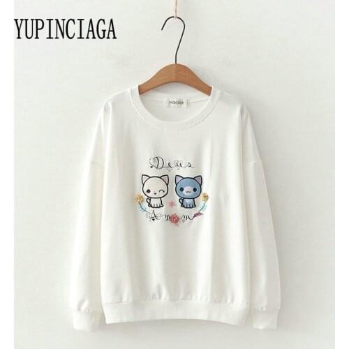 YUPINCIAGA Womens Japanese Mori Sweet Wild Embroidery Cartoon Flower Cat O-Neck Hedging Thin Student Long Sleeve Sweatshirt