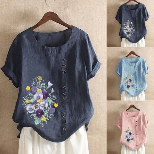 2021 Women T shirt Summer Cotton Linen Tee Fashion Flower Printing Shirts Short Sleeve Loose Female Tops Tunic Blouse Breathable