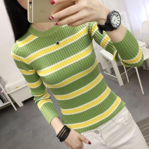 2021 Autumn Fashion Long Sleeve Stripe Knitted Jumpers Tops Female O-neck Sweater Tops Ladies Slim Warm Bottom Pullovers M417