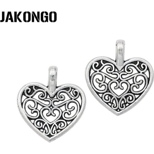 JAKONGO 20pcs Antique Silver Plated Heart Charms Hollow Pendants for Jewelry Making DIY Handmade 17x15mm