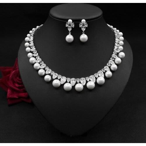 2020 Gorgeous Water Drop Cubic Zirconia Stone Big Pearl Choker Necklace Earrings Set for Women Wedding Bridal Costume Jewelry