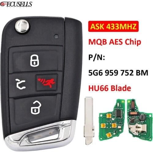 3+1/4 Button Smart Remote Car Key ASK 433Mhz For VW 2015-2019 Golf GTI Golf / MQB AES / P/N: 5G6 959 752 BM / HU66 / With Recess