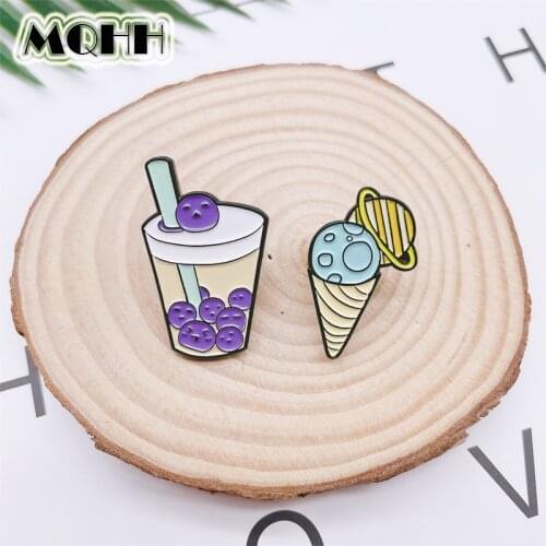 Cartoon Cute Sweet Pearl Milk Tea Planet Ice Cream Pin Fun Enamel Brooch Alloy Badge Clothes Bag Accessories Jewelry Gift