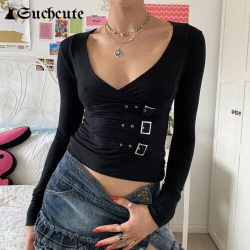 SUCHCUTE Black Sexy V Neck T-shirts Women Slim Punk Metal Button Long Sleeve Female Streetwear Gothic Clothes Casual Crop Tops
