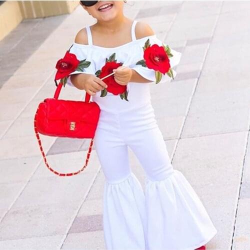 Kids Toddler Girl Off The Shoulder Embroidery Flower Jumpsuit Romper