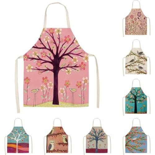 68X55CM Kitchen Apron Cartoon Tree Print Sleeveless Cotton And Linen Anti-staining Apron Men And Women Home Cleaning Tools