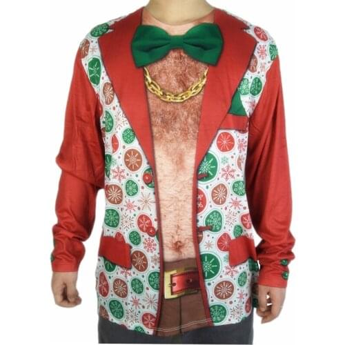 Tacky Hairy Chest Ugly Christmas T Shirt for Men Funny Mens 3D Chocolate Christmas Ball Tuxedo Print Ugly Xmas Pullover T-Shirt