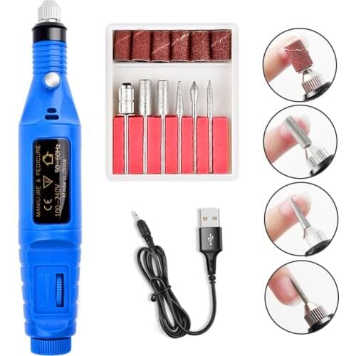 1 Set Mini Electric Nail Drill Machine Kit USB Manicure Nail Art Pen Pedicure Milling Cutter Ceramic 6 Bits Nail File Tools