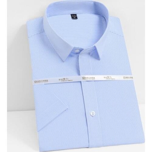Bamboo Fiber Short Sleeve Mens Striped Shirts Regular Fit Stretch Cool Breathable Summer Business Men Dress Shirts 9 color TOPS