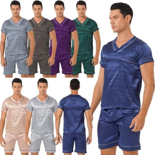 Plus Size Men Satin Pajama Set Loungewear Homewear Sleepwear Nightwear Comfortable Loose V Neck Short Sleeve T-Shirt with Shorts