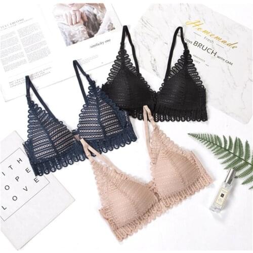 New Lingerie Lace Sexy Triangle Cup Bra Without Steel Ring Thin Section Gathered Front Buckle Beautiful Back Underwear