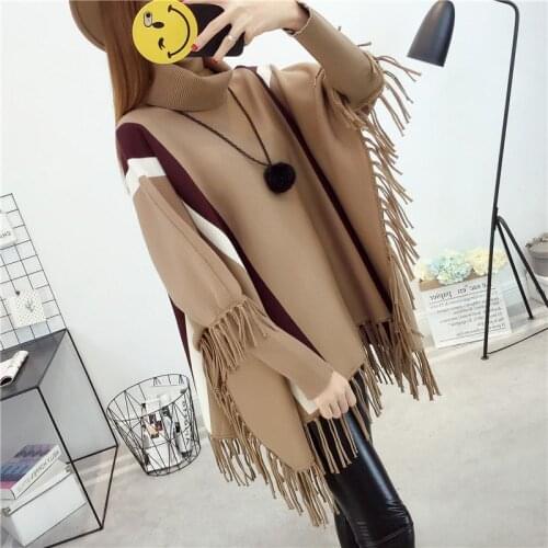 New Women Ladies Tassel Cape Coat Fringe Poncho Oblique Stripe Coat Bohemian Shawl Scarf
