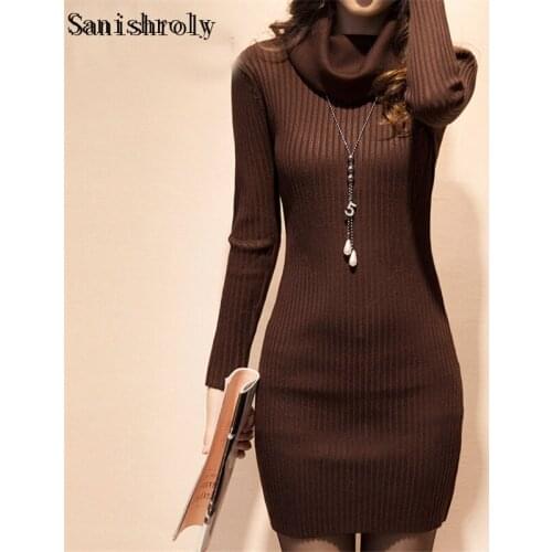 Autumn Winter Turtleneck Sweater Dress Women Pullover Pile Collar Knitted Dress Female Long Sleeve Sheath Bodycon Mini Dresses