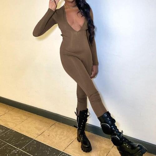 Sexy Jumpsuits 2021 New Style Womens Streetwear Rompers Brown Long Sleeve High Waist Drawstring Lace Up Simple Low Cut Bodycon