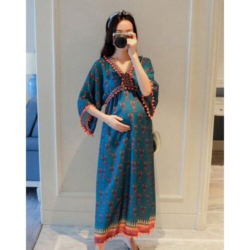 Maternity Dress Summer New Style Chiffon Color V-neck Hair Ball Cotton Chiffon Maternity Dress Young Long Maternity Dress