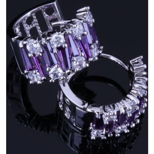 Terrific Purple Cubic Zirconia White CZ Silver Plated Clip Hoop Huggie Earrings V1052