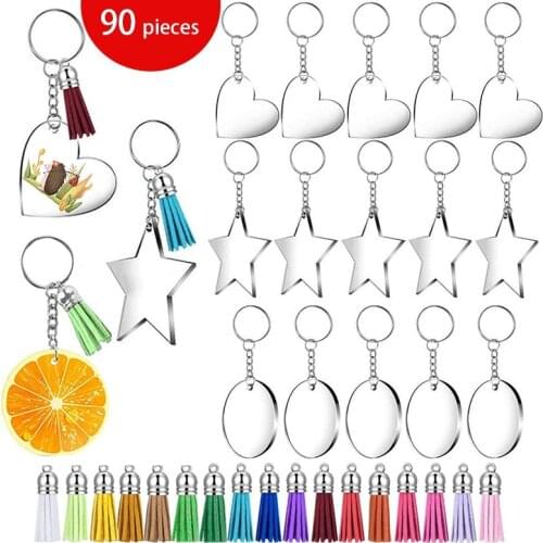 Clear Round Heart Star Acrylic Keychain Blank with Keychain Rings and Colorful Tassel Pendants Set for DIY Projects