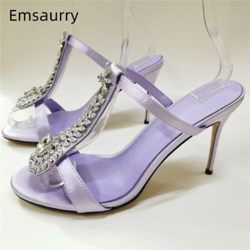 Luxury Crystal Decor High Heel Slippers Women 10cm Thin Heels Sexy Open Toes Sexy Satin Slip-on Summer Shoes Woman