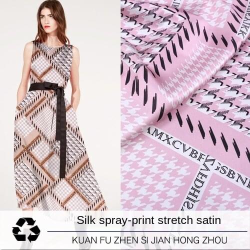 19 Mm silk stretch satin fabric customized fashion houndstooth digital inkjet printing silk stretch satin garmen dress fabric