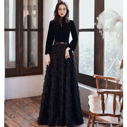 Wei yin AE0349 Black Elegant Velvet Long Prom Evening Dresses 2021 Long Sleeves Lace Formal party Gowns Srobe de soiree