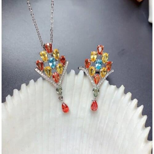 The Best Engagement Gift Sapphire Jewelry Set 100% Natural Real Sapphire 925 Sterling Silver 1pc Pendant,1pc Ring