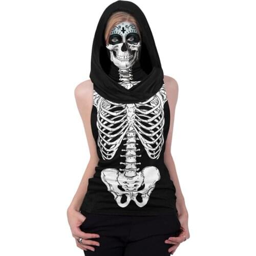 Goth Dark Skull Print Skeleton Hoodies High Collar T-shirt Sleeveless Punk Style Hip Women Top Cool Streetwear Tees