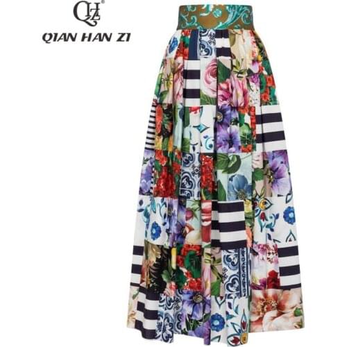 Qian Han Zi summer designer fashion runway Women Maxi skirt elegance Flower blue and white porcelain printing Casual long skirt