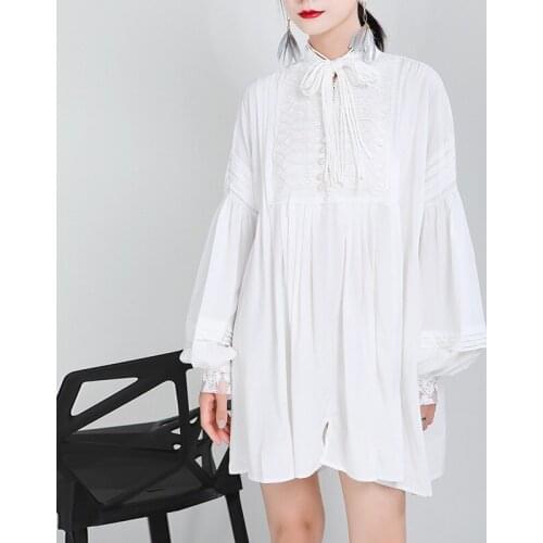 Johnature Fashion Women New Embroidery Long Blouses 2021 Autumn Loose Solid Color Lantern Sleeve Female Shirts