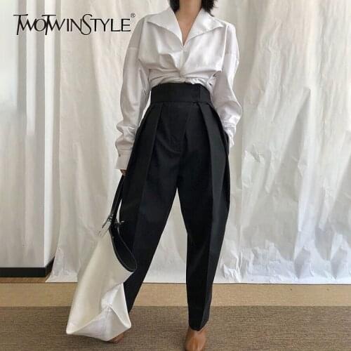 TWOTWINSTYLE Ruched Womens Trousers Elastic High Waist Pocket Loose Harem Long Pants Female Autumn Streetwear Fashion New 2020