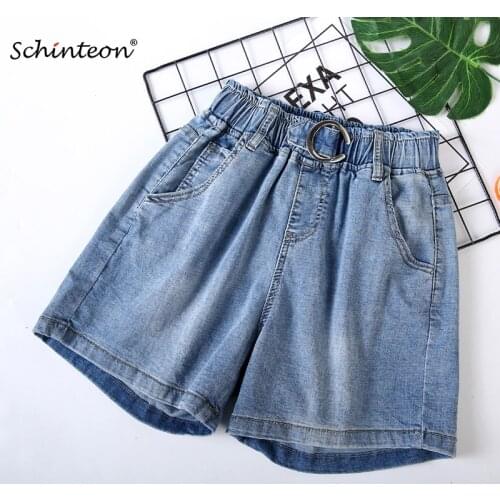 Schinteon Summer Women Denim Shorts High Waist Korean Style Loose Elastic Waist Casual Thin Shorts Jeans Plus Size