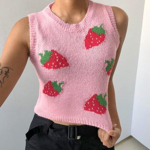 Strawberry E Girl Sweater Vest Women Jumper Pullover Knitted Vests Women Y2k Preppy Style Crop Top Autumn 2021 Outfit