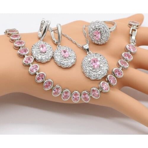 2019 New Pink Cubic Zirconia Silver color Jewelry Sets for Women Bracelet Earrings Necklace Pendant Rings Christmas Gift Box