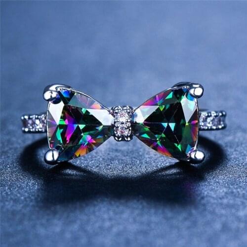 Cute Female Big Bowknot Zircon Stone Ring Simple Purple Blue Red Rainbow Wedding Ring Rose Gold Love Engagement Rings For Women