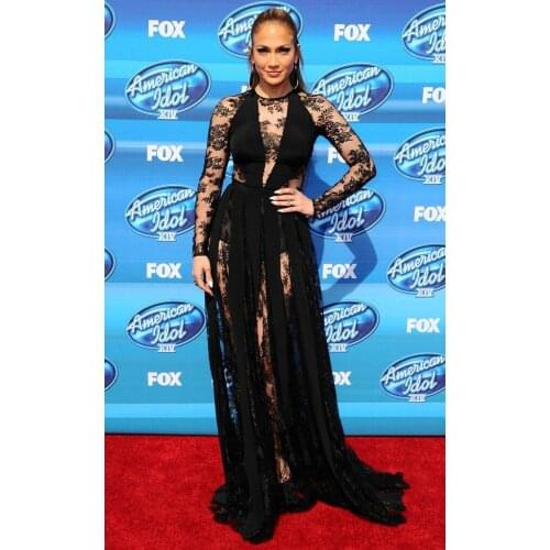 Sexy Long Sleeve Lace Celebrity Dresses Mermaid Zipper Back Black O-Neck Chiffon Abendkleider Robes de Soirée for Women