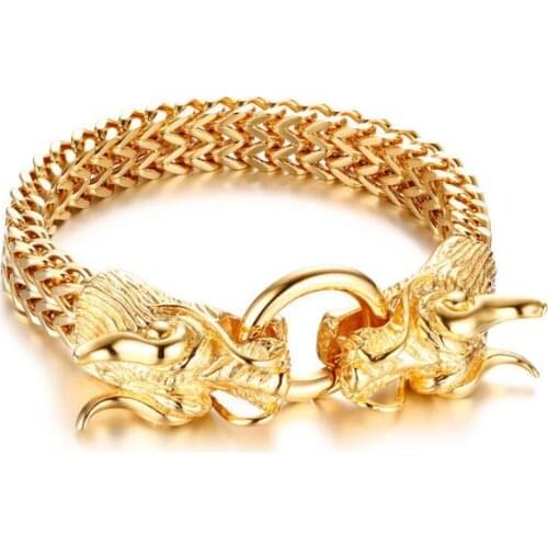 110g Heavy Stainless Steel Figaro Chain Bracelet Biker Double dragon End Gold High Quality 12mm 8.8'' jewelry