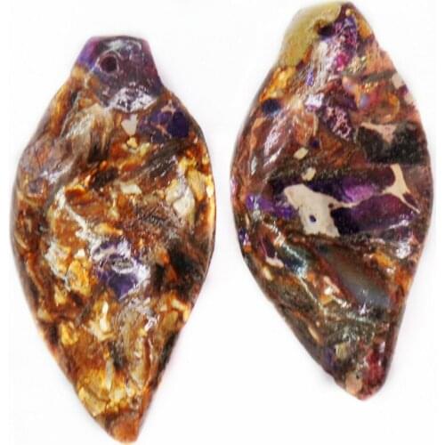2Pcs 40x20x7mm Wholesale Purple And Bronze Sea Sediment Jasper & Pyrite Leaf Shape Pendant Bead DIY Jewelry Accessories S866