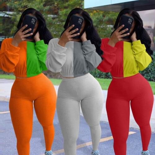 53ZH5277 Autumn Winter Women Casual Fashion Solid Patchwork Sports Navel Two Piece Set Tracksuit Sweatsuit Outfits Hot