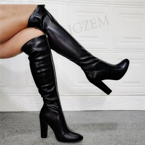 BERZIMER FASHION Women Knee High Boots High Heels Zip Boots Chunky Block Heels Party Unisex Shoes Woman Big Size 39 43 44 45 47