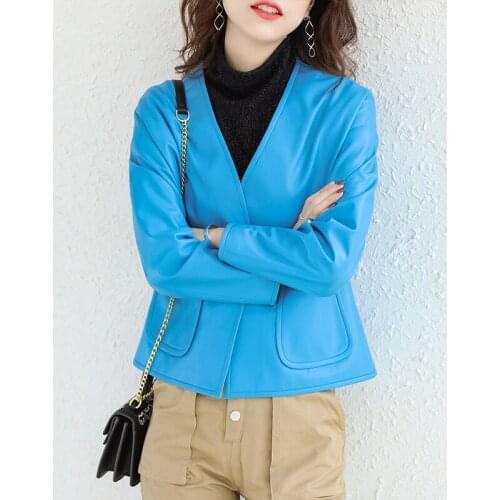 Real Genuine Leather Jacket Women Short Blue V Neck Streetwear Korean Fashion Women Clothing Women Korean Autumn Clothes WPY3317
