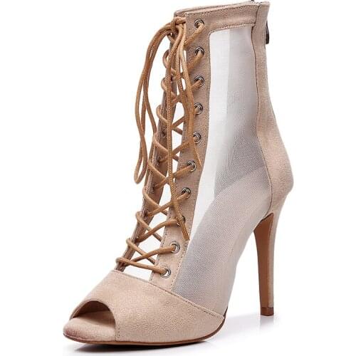 Ladies Lace Up Latin Ballroom Dance Boots Women Beige Black Bachata Salsa Dance Shoes Girls Flannel High Heel Shoes for Dancing