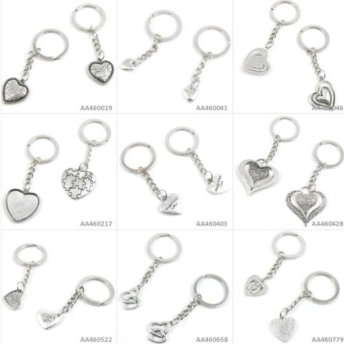 Antique Silver Tone Keychain Keyring Keytag Footprint Love Heart Dual I You Drop Handmade Signs Tag Three Layer Key Chain