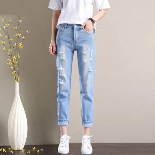 2021 Jeans Women Solid Vintage High Waist Broken Holes Denim Trousers Simple Fashion Harajuku Womens Loose Casual Denim Pants